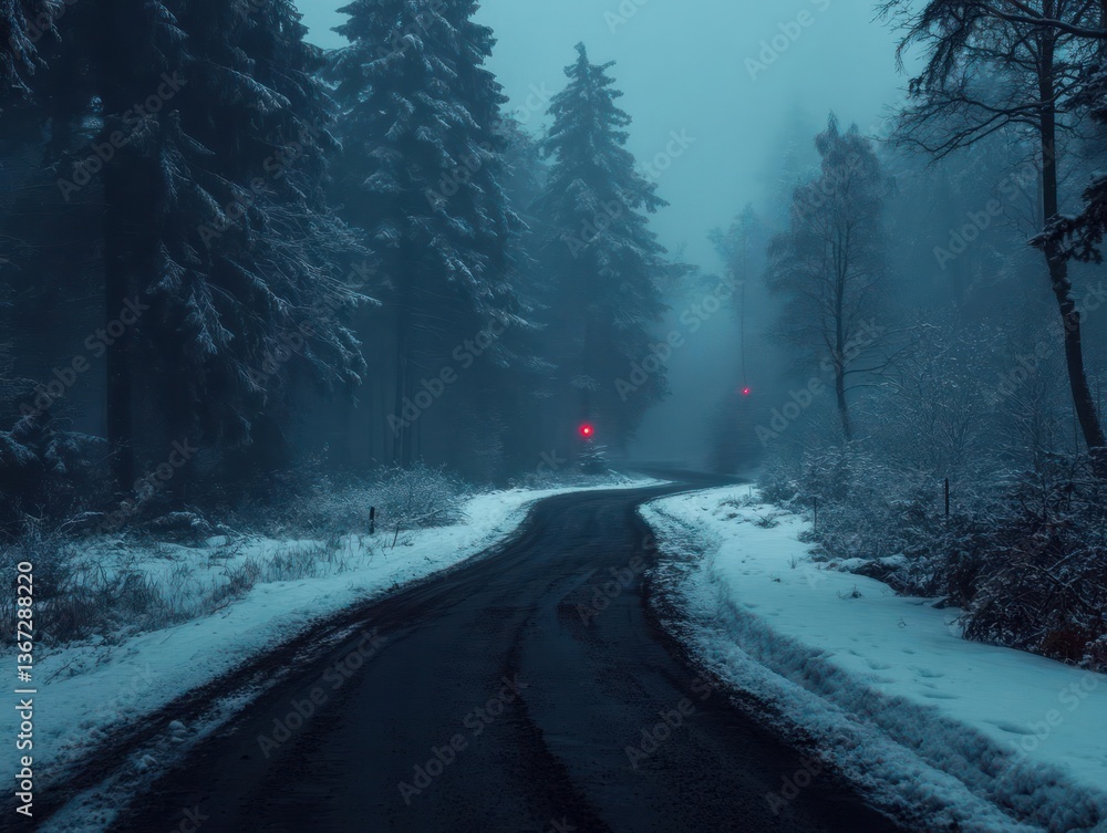 Poster snowy road winding through a misty forest with tall trees and scattered snowfall under dim light