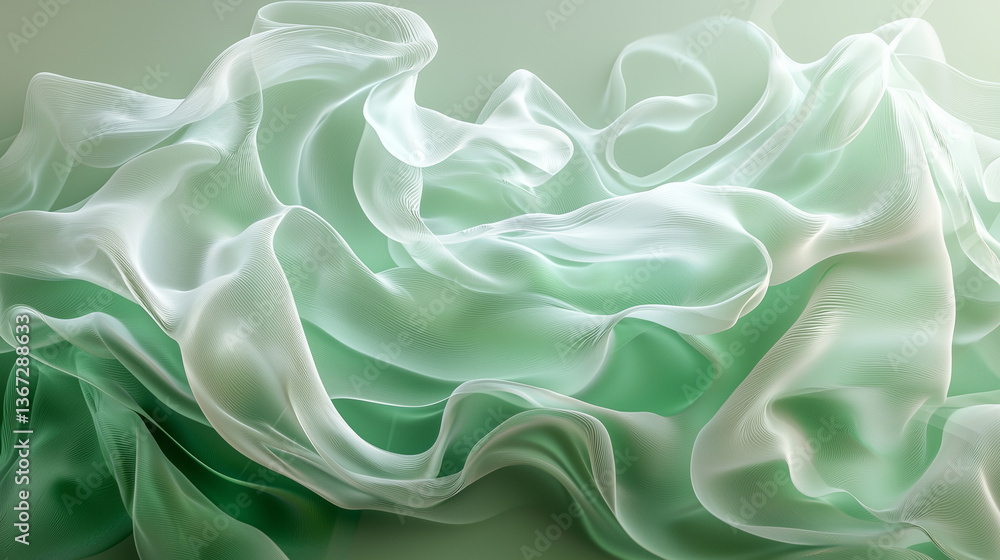 Wall mural flowing green and white fabric creates a soft and elegant texture in a minimalistic setting generati