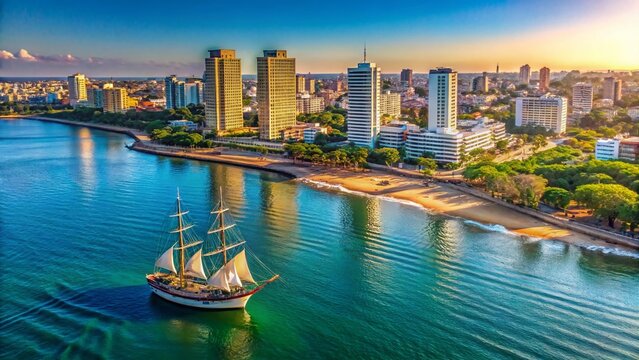 Aerial View: Maputo City Skyline & Bay with Sailing Ship