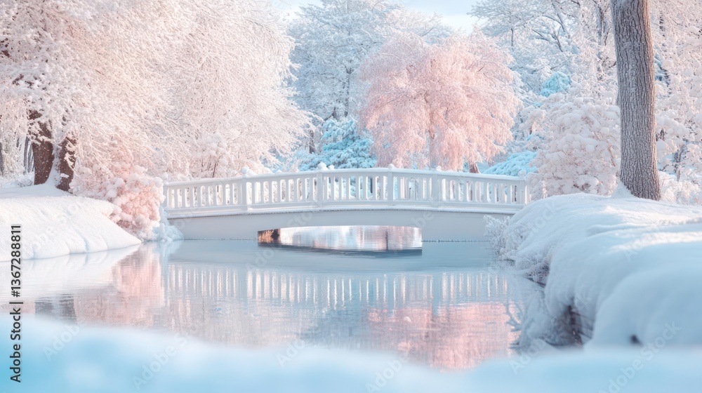 Aufkleber serene winter landscape with a snow covered bridge over a calm river trees in pastel colors and whit