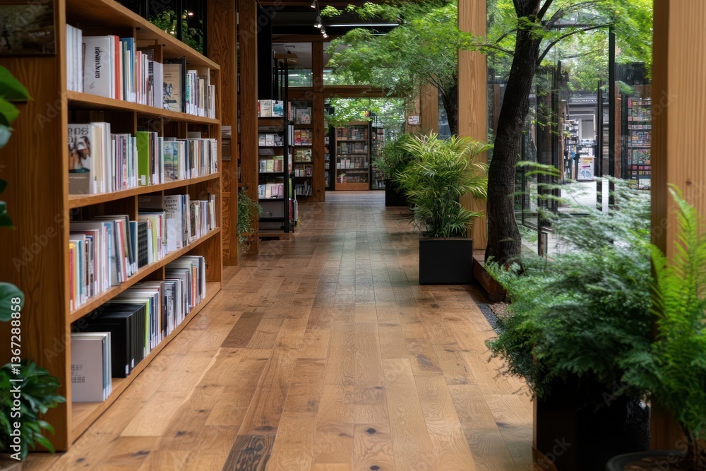 Poster interior view of a bookstore with wooden floors and shelves filled with books plants in the foregrou