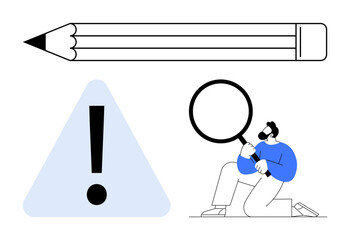 Man kneels holding magnifying glass near giant pencil and exclamation mark. Ideal for problem-solving, focus, creativity, attention to detail, analysis, learning, education. Flat simple metaphor