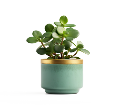  Jade plant with thick green leaves in a concrete pot with a gold accent, showcasing a modern and elegant decorative on a transparent background