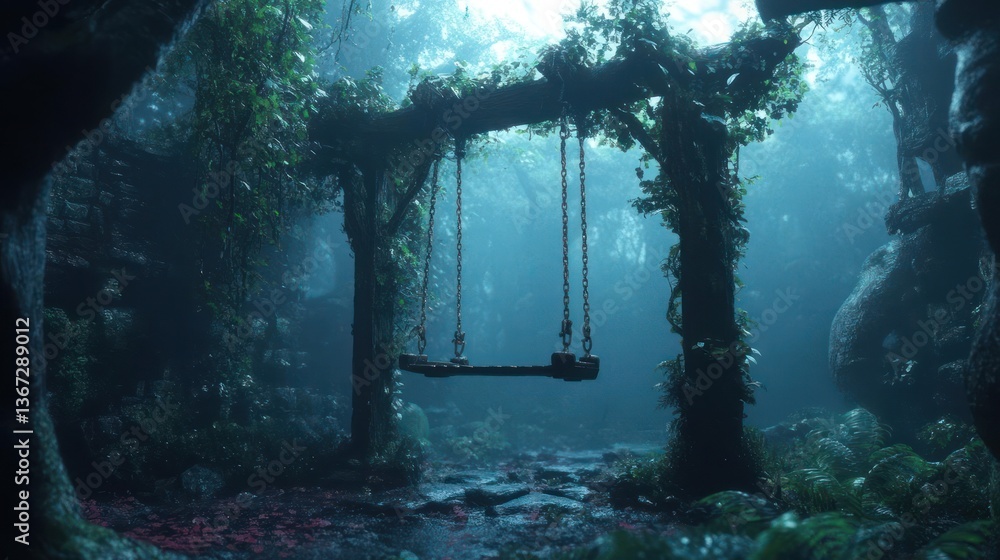 Poster Enchanting forest scene with a wooden swing adorned with vines bathed in soft, ethereal light. Lush greenery and a misty atmosphere create a sense of mystery