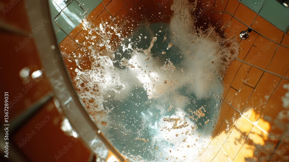 Aufkleber Water splash against tiled surface with brown and turquoise hues overhead lighting creating a dynamic abstract image