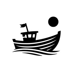 Minimalist Fishing Boat Silhouette: Black & White Illustration