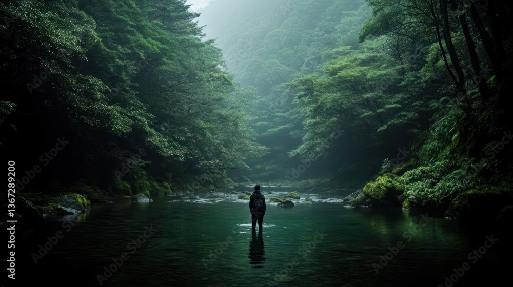 Poster a person standing in a shallow river surrounded by lush green trees and a misty atmosphere. the scen
