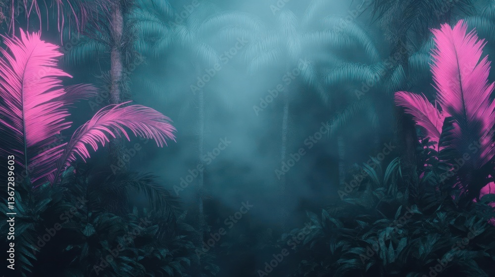 Aufkleber mysterious atmospheric jungle scene with vibrant pink pixelated foliage against a misty teal backgro