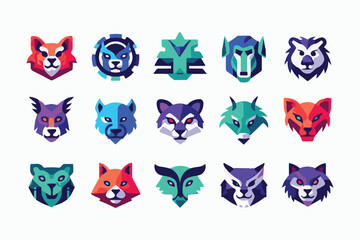 Geometric Animal Heads Collection, Stylized Diverse Fauna Icons Set on White Background