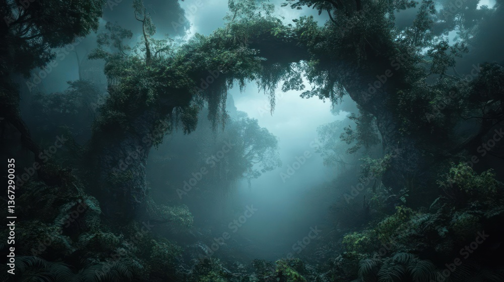 Poster dark moody forest scene with arched tree tunnel and lush green foliage illuminated by soft ethereal 