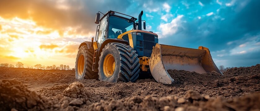 Soil grading and pushing at an excavation site using a construction tractor equipped with a specialised dozer blade.
