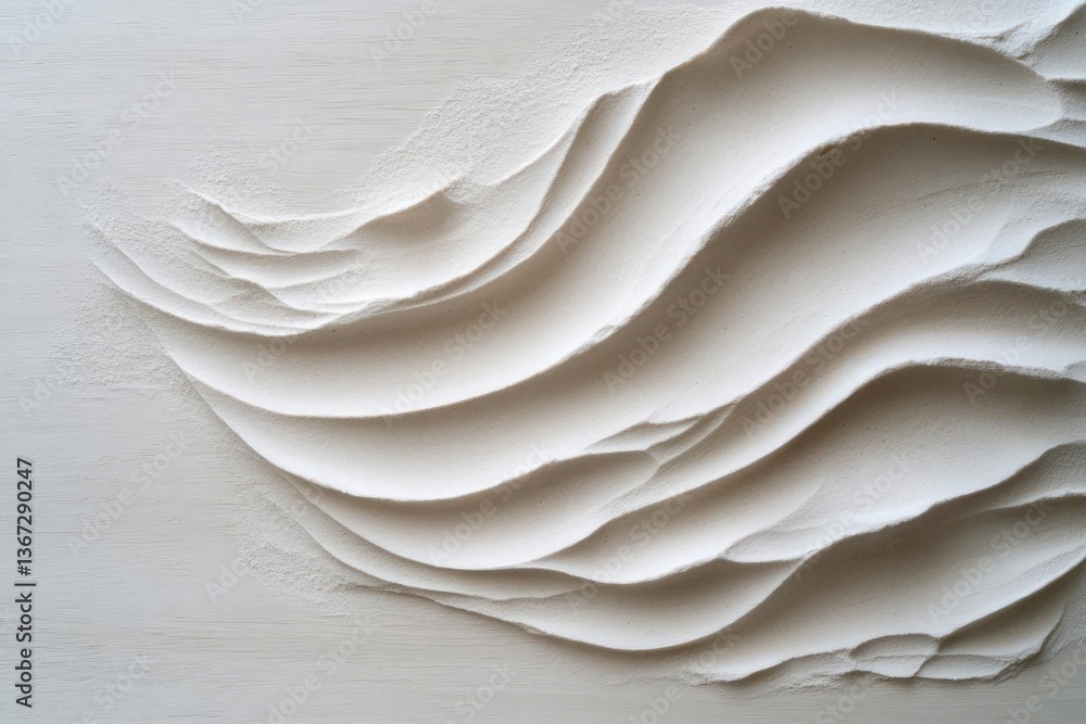 Poster Textured white surface with wave-like patterns sculpted art with subtle shadows enhancing depth and form. The image has a minimalist composition and soft lighting
