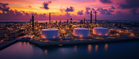 Obraz premium An industrial oil refinery including enormous storage tanks and a sophisticated system of steel pipelines
