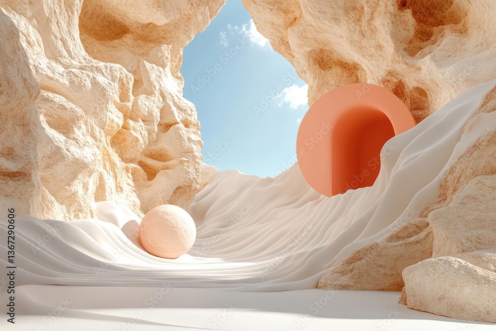 Poster abstract 3d rendered landscape features beige rock formations and textured surfaces with a peach col