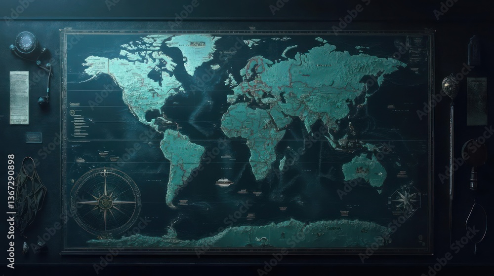 Poster Detailed illuminated world map with pixelated texture displayed on dark surface surrounded by metallic elements