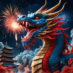 Majestic Chinese Dragon with Fireworks and Pagoda