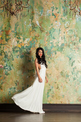 Beautiful young female model brunette looking at camera indoor, full length portrait