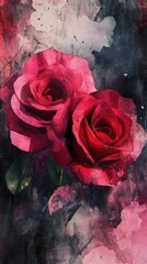 Two ruby roses, a watercolor illustration with distressed background