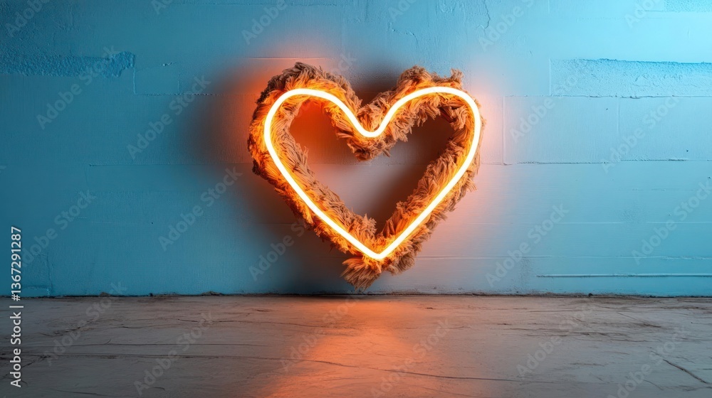 Poster illuminated heart shaped neon light against a textured blue and white wall casting soft shadows and 