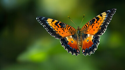 Obraz premium A butterfly gracefully flying through the air against a clear sky capturing the essence of freedom and nature's splendor in motion.