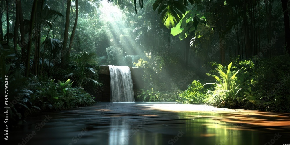 Aufkleber lush tropical forest scene sunlight streams through canopy illuminating waterfall and tranquil water