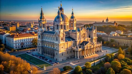 Fototapeta premium Aerial View of Almudena Cathedral, Madrid, Spain: Majestic Architecture and Cityscape