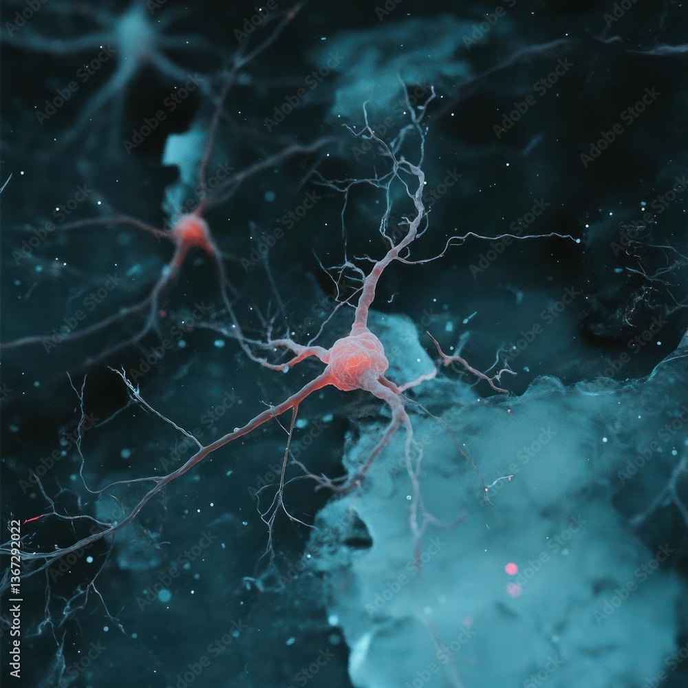 Aufkleber Illustration of neuron cells with branching structures in a blue and red color scheme. Focus on cellular network with glowing effect in dark background