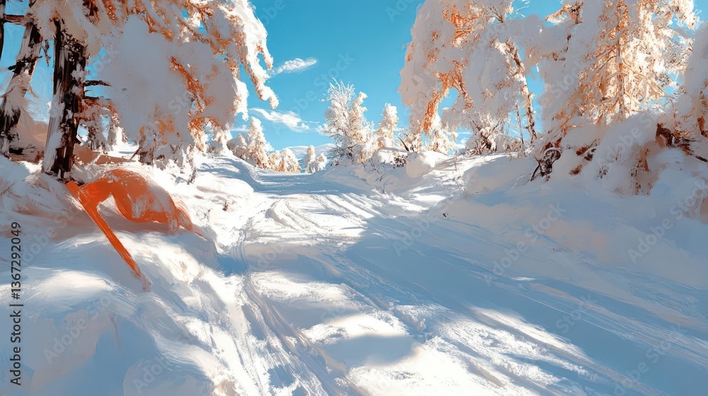 Poster a snowy landscape with trees and a ski trail under a bright blue sky. the scene is sunlit creating s