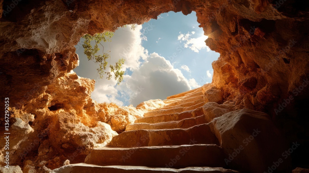 Poster view from inside a cave ascending steps towards bright sunlight and blue sky with fluffy white cloud