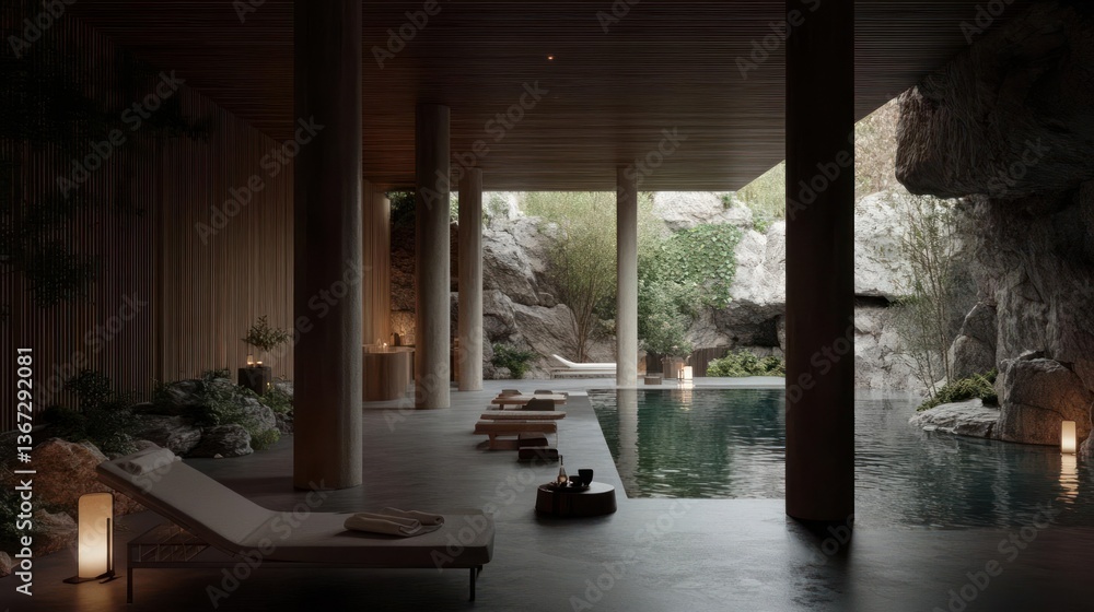 Aufkleber Interior view of a modern spa with a pool stone columns and natural light creating a serene and luxurious atmosphere. Featuring lounge chairs and plants for relaxation