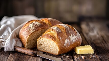 Freshly baked bread loaves with butter on a rustic wooden table.