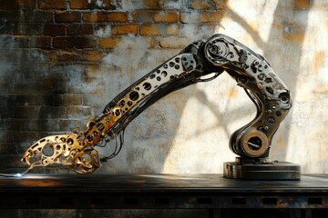 A steampunk-style robotic arm, intricate and detailed, performs a precise welding task against a rustic brick backdrop.