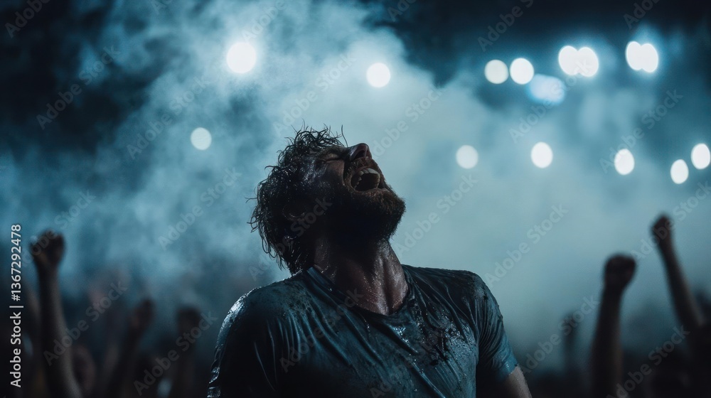 Aufkleber man in blue shirt with closed eyes enjoying a concert with arms raised in the air under stage lights