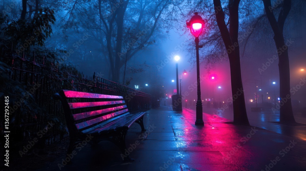 Poster a bench and a streetlight illuminate a misty street at night with vibrant blue and magenta hues crea