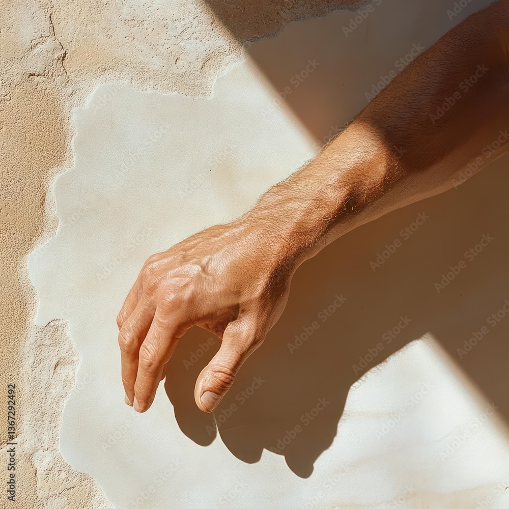 Poster close up shot of a tanned arm with wet skin on a textured beige surface under bright sunlight creati
