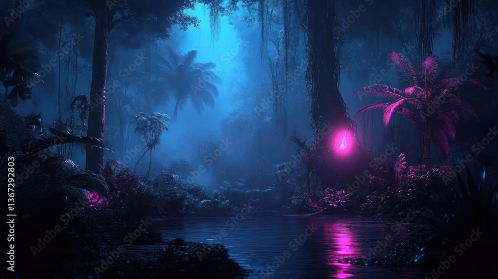 Poster mystical forest with vibrant pink and blue hues reflecting on a tranquil water stream. the scene fea