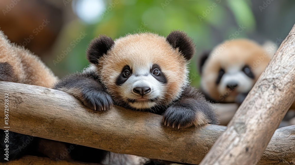 Poster Close up of Giant panda cub with black and white fur resting on tree branch with other panda in background during daytime with shallow depth of field