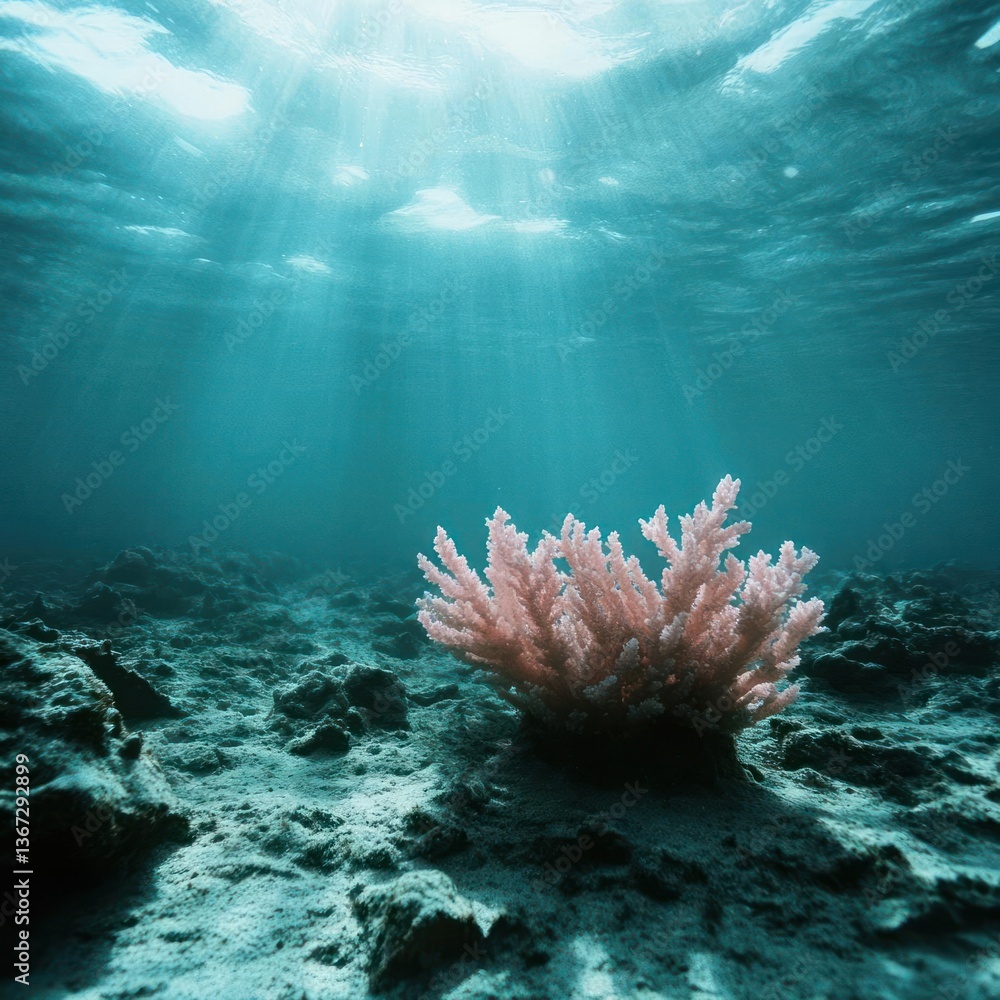 Poster underwater view of coral reef with sunlight filtering through the water. pink coral dominates the sc