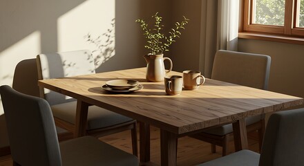 Dining Table Scene with Warm Light, Plates, Mugs, and Natural Elements