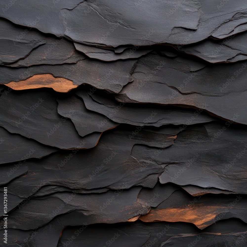 Poster Abstract pattern of weathered dark grey shale rock with layered textures. The rough surface shows cracks and tonal variations. High angle view creates a natural, aged aesthetic