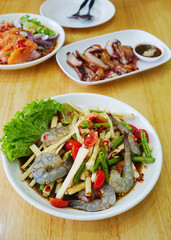 Thai spicy food, Spicy salad with raw shrimp and vegetable
