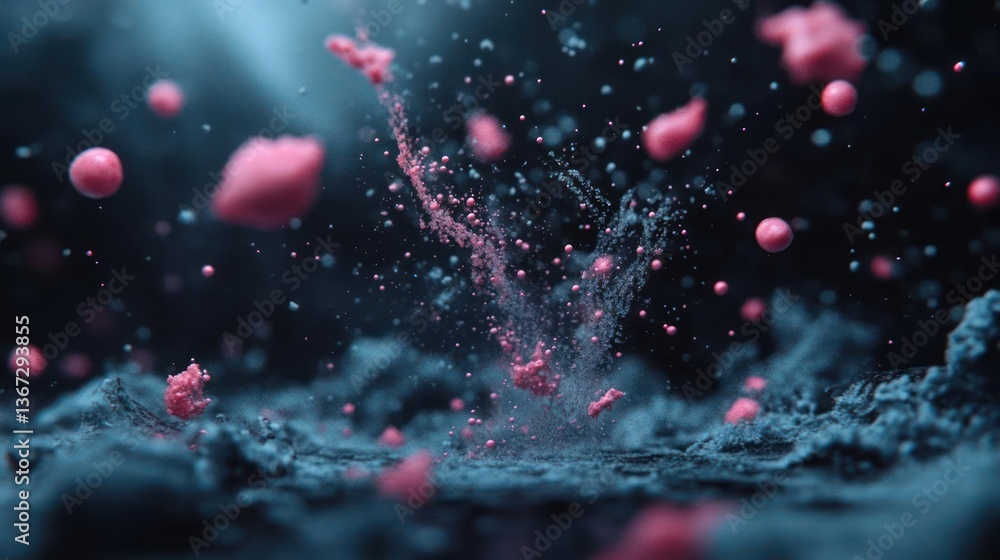Poster Abstract composition of pink particles exploding against a dark background with atmospheric lighting. Detailed textures and depth of field create a dynamic and artistic visual