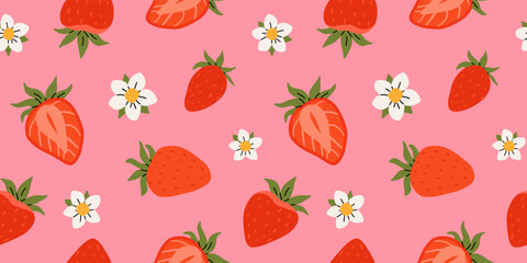 Strawberry flat vector seamless pattern. Summer drinks, sweets and desserts with taste of strawberries. Chocolate strawberry, cookie, sandwich, mochi, cheesecake, tanghulu.