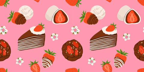 Strawberry flat vector seamless pattern. Summer drinks, sweets and desserts with taste of strawberries. Chocolate strawberry, cookie, sandwich, mochi, cheesecake, tanghulu.