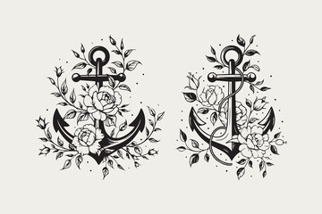 anchor flowers Black and White Vector
