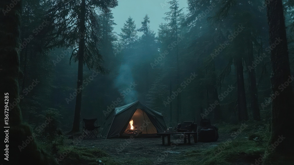Poster a dimly lit tent with a burning campfire in a forest surrounded by tall trees and light rain in a mo