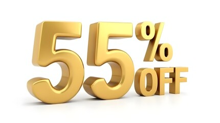 Golden 55 Percent Off Icon – 3D Discount Symbol for Sale and Special Offer Graphics