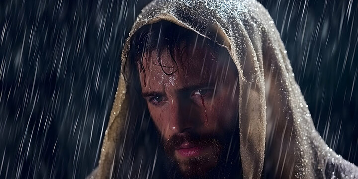 Photo of a Man in a Hooded Jacket Experiencing Rain and Melancholy