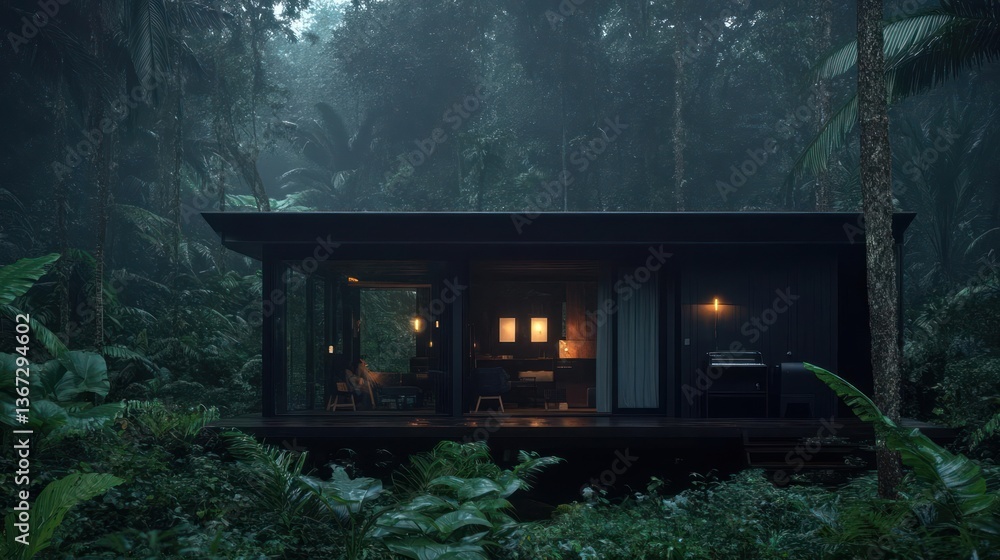 Aufkleber cabin illuminated at night surrounded by dense foliage and stars creating a peaceful atmosphere. the