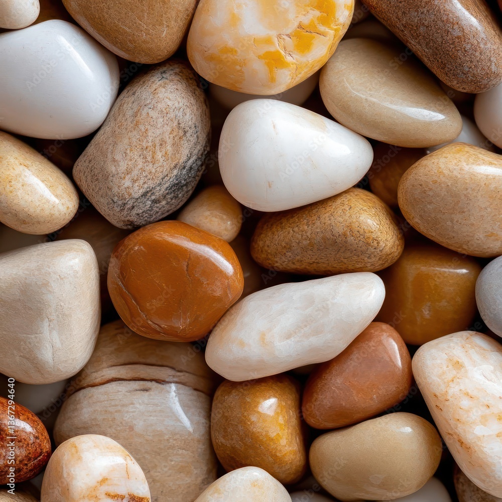 Fototapete close up view of assorted smooth polished pebbles in varying earth tones. detailed texture displays 